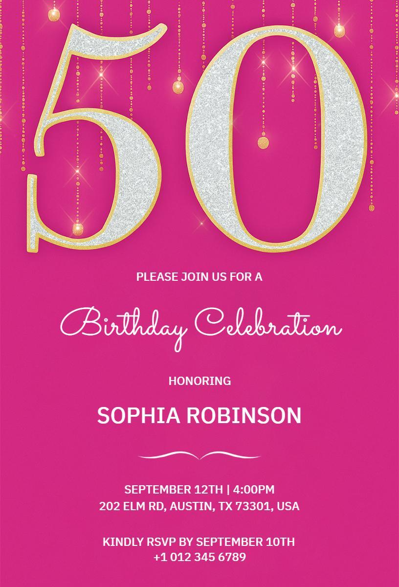 Glittering Pink 50th Birthday Celebration Invitation Template
