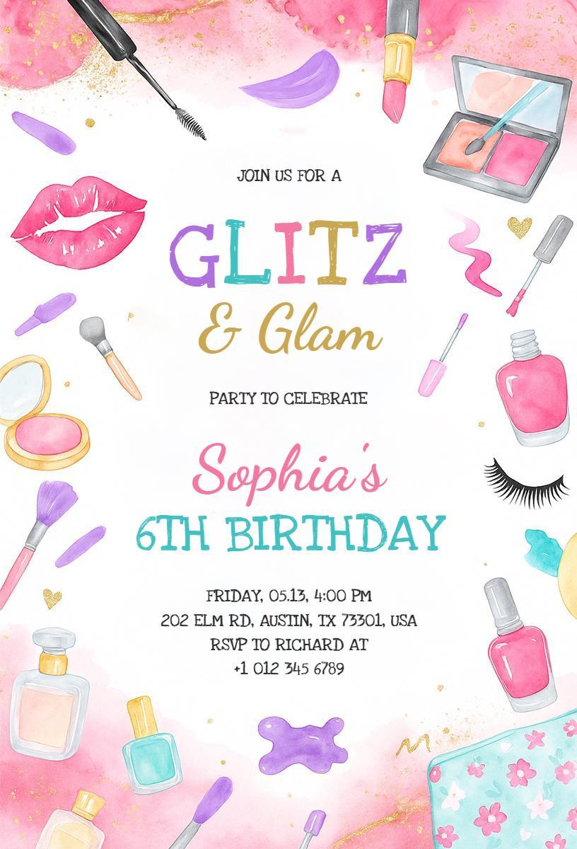 Glitz Glam Colorful Beauty Birthday Celebration Invitation Template