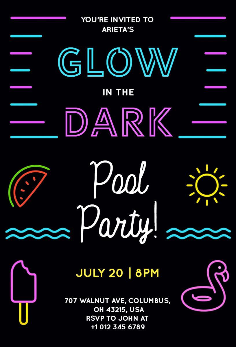 Glow in the Dark Summer Pool Party Invitation Template
