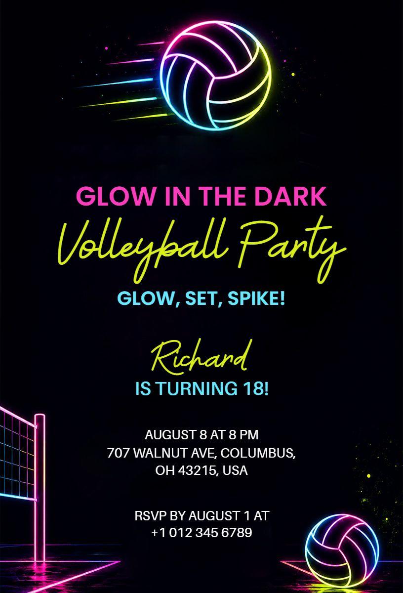 Glow in the Dark Volleyball Party Neon Birthday Invitation Template