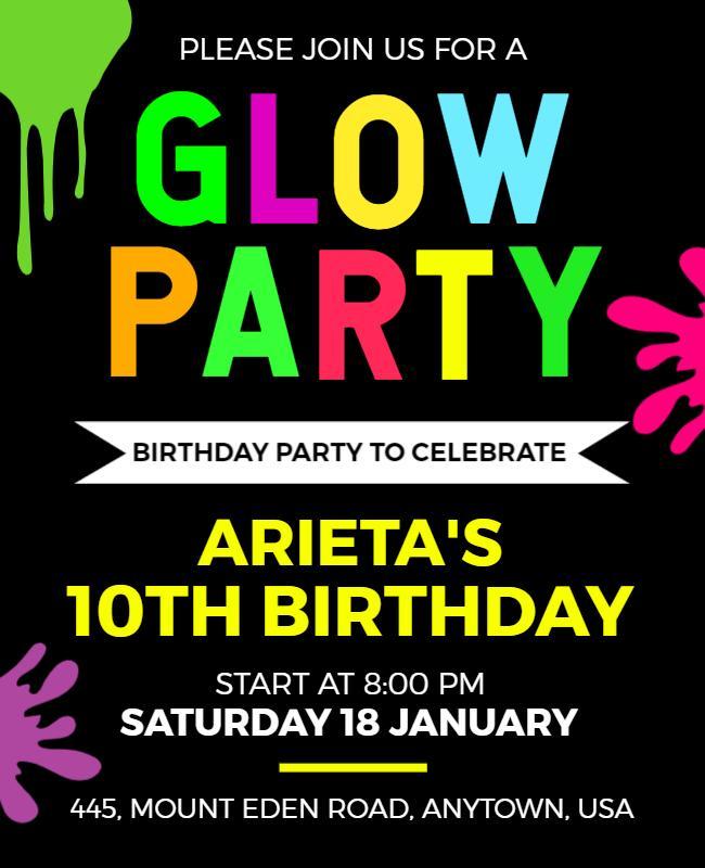 Glow Theme Birthday Party Flyer Template