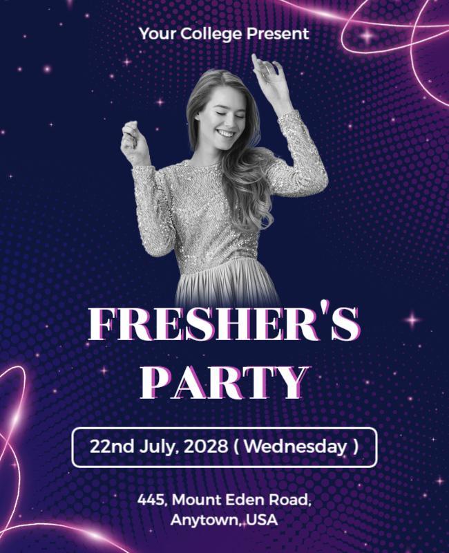 Glowing Purple Neon Freshers Party Celebration Poster Template