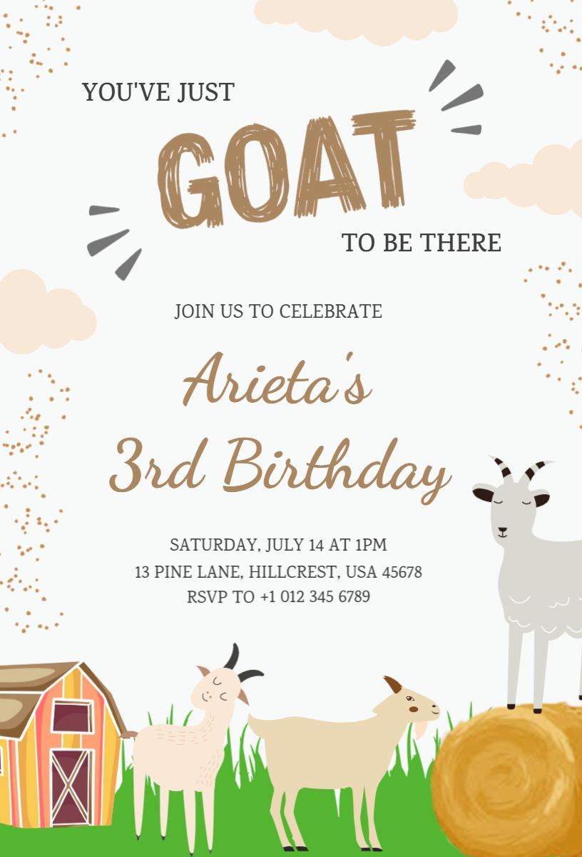 Goat Farm Animal Theme Fun Birthday Celebration Invitation Template