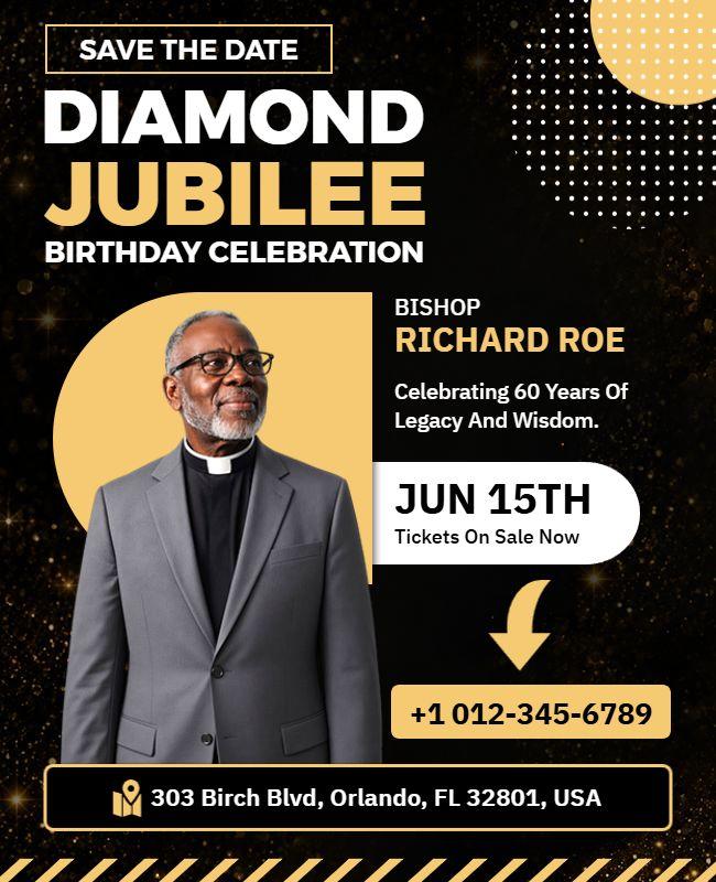 Gold and Black Diamond Jubilee Birthday Celebration Flyer Template
