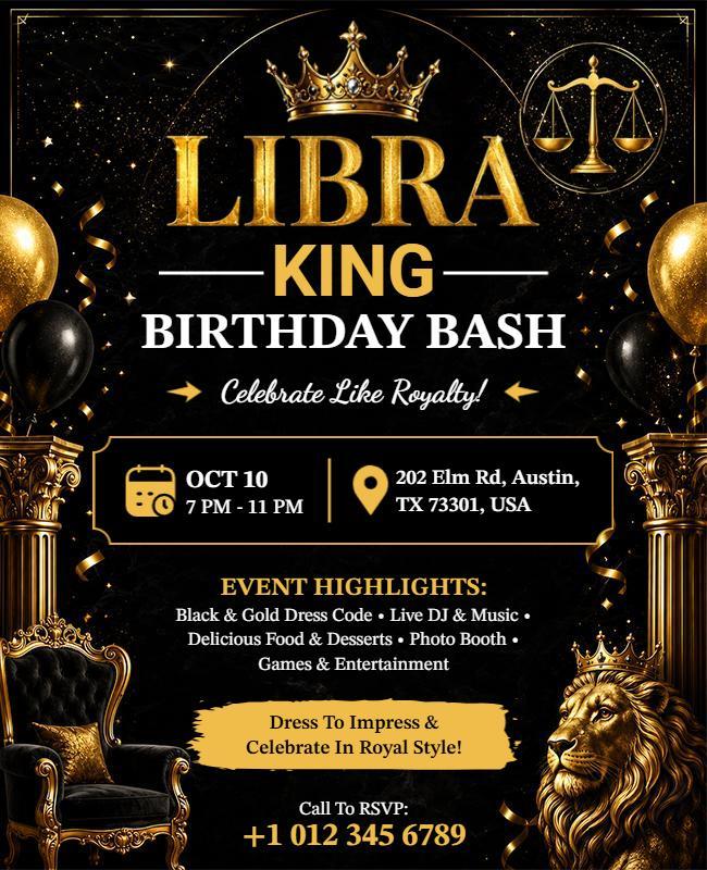 Gold and Black Libra King Birthday Bash Flyer Template