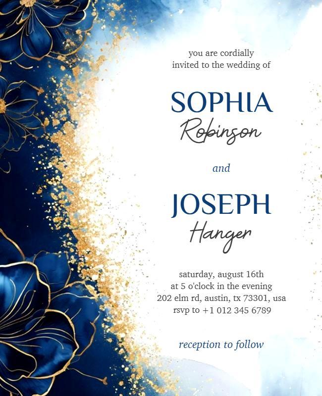 Gold and Blue Themed Wedding Invitation Flyer Template