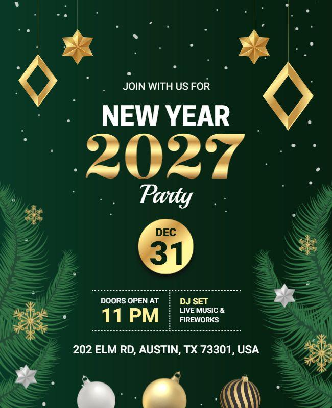 Gold and Green 2027 New Year Party Flyer Template