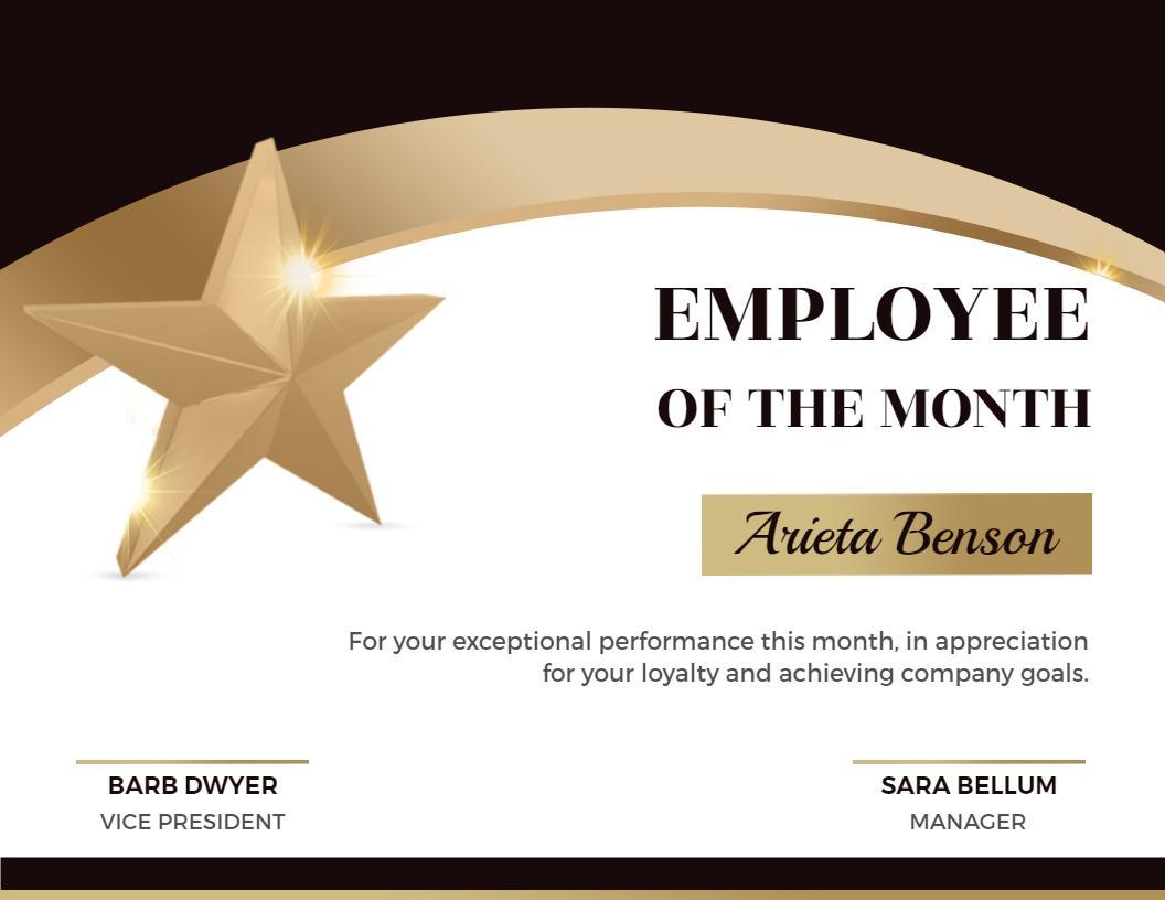 Gold Star Design Employee of the Month Recognition Certificate Template