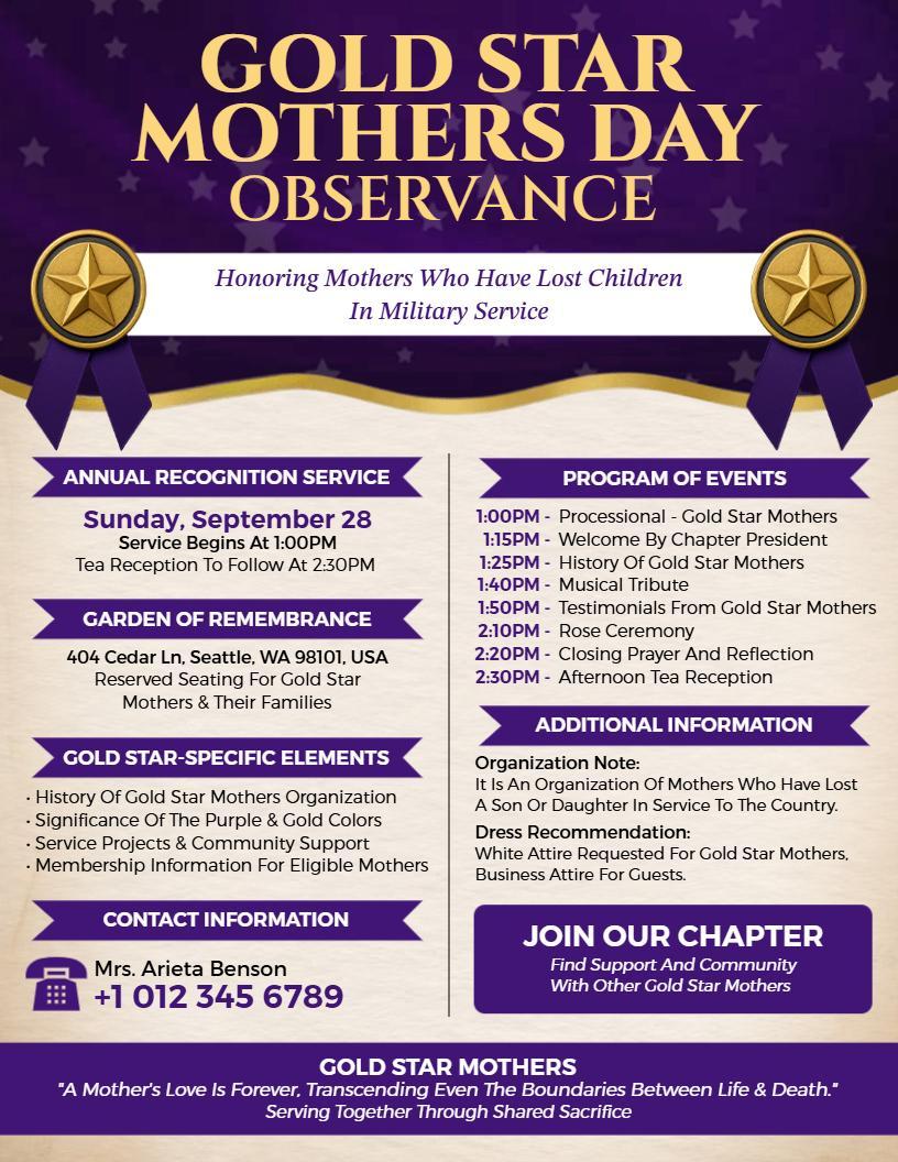 Gold Star Mothers Day Observance Flyer Template