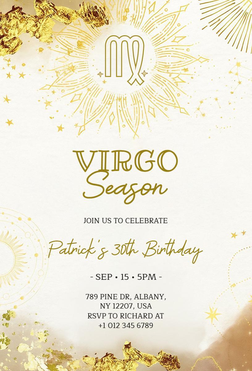 Gold Virgo Season 30th Birthday Celebration Invitation Template