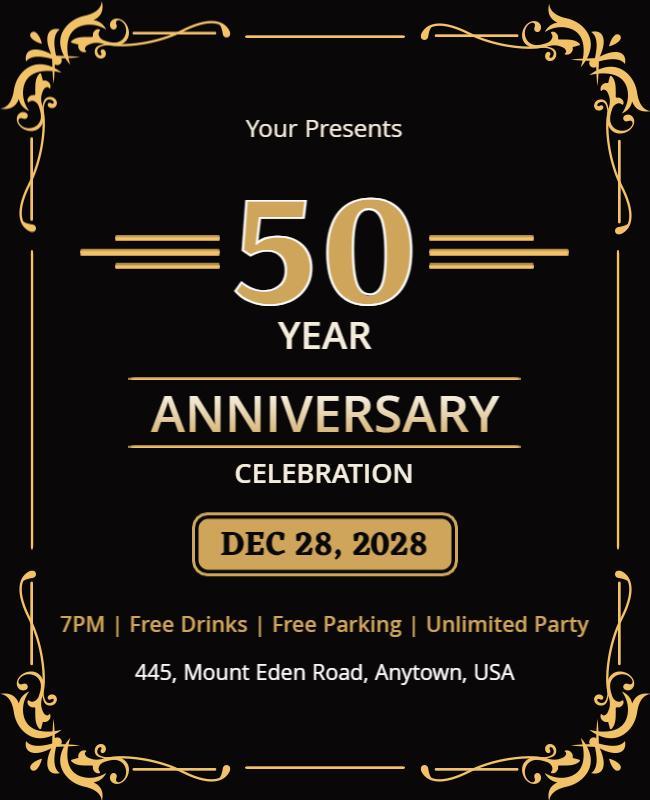 Elegant Black and Gold 50 Year Anniversary Celebration Flyer Template