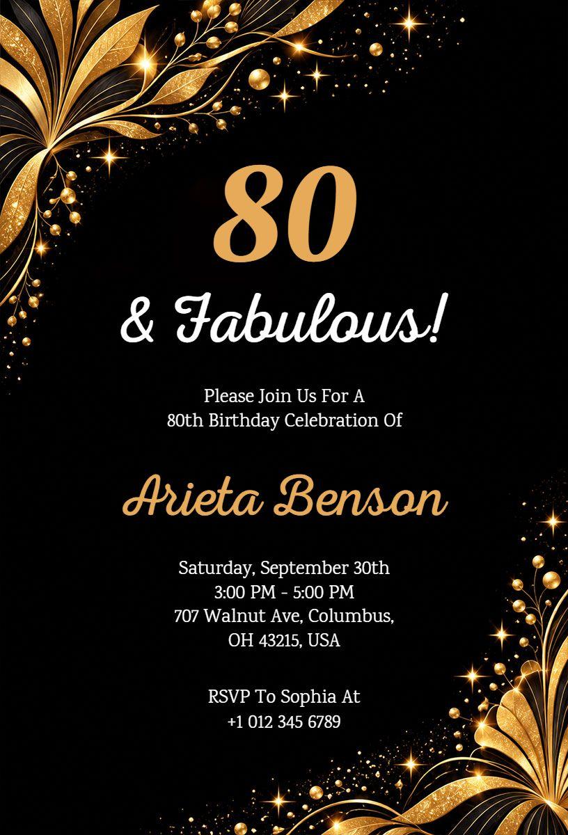Golden 80th Birthday Celebration Invitation Template