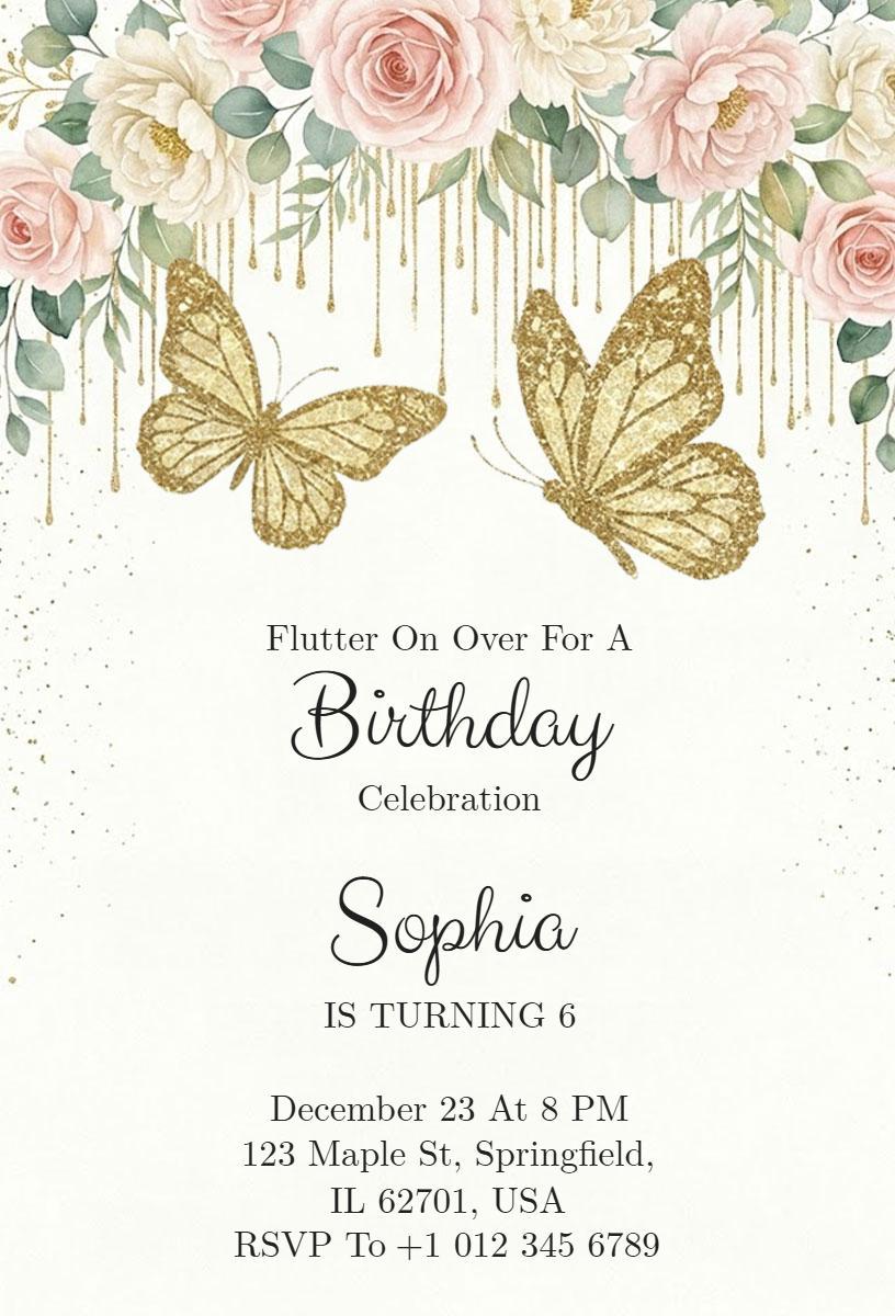 Golden Butterfly Floral Birthday Celebration Invitation Template