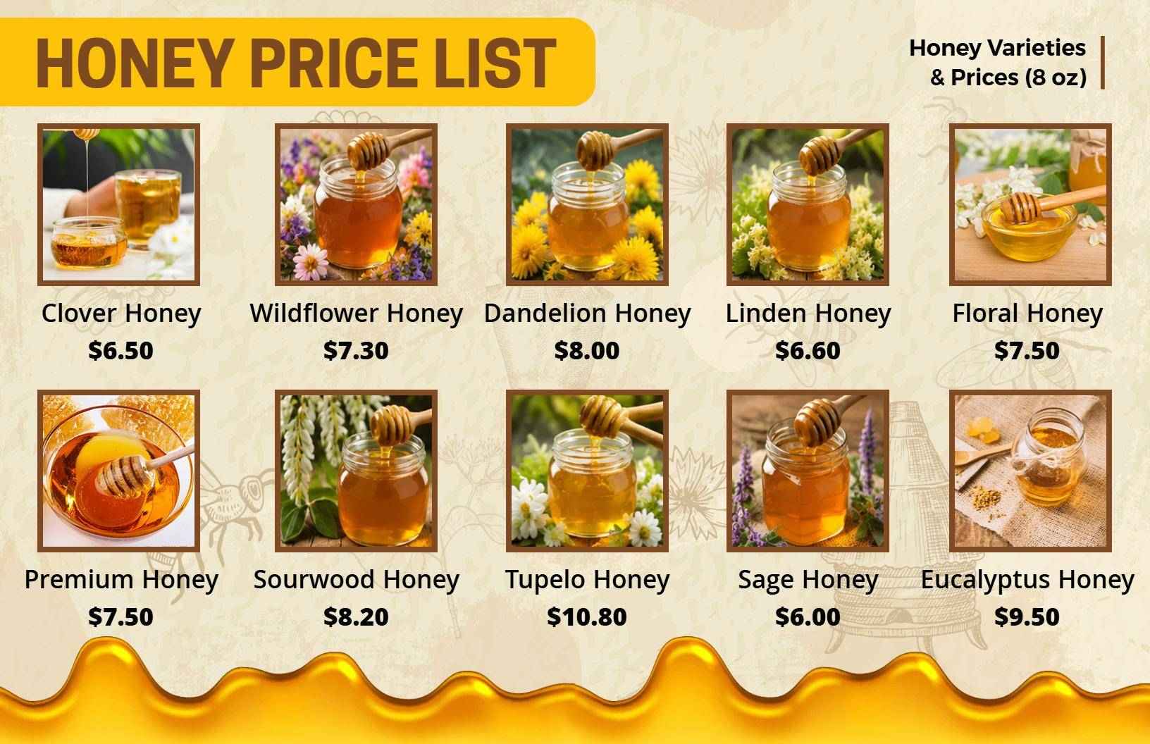 Golden Floral Elegant Honey Varieties Price List Template