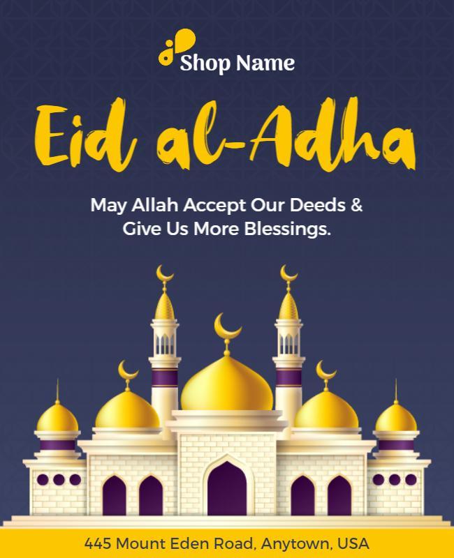 Golden Mosque Design for Eid al-Adha Celebration Flyer Template