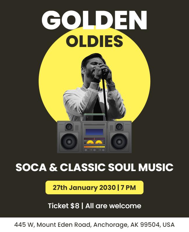 Vibrant Yellow Retro Soul Music Event Flyer Template