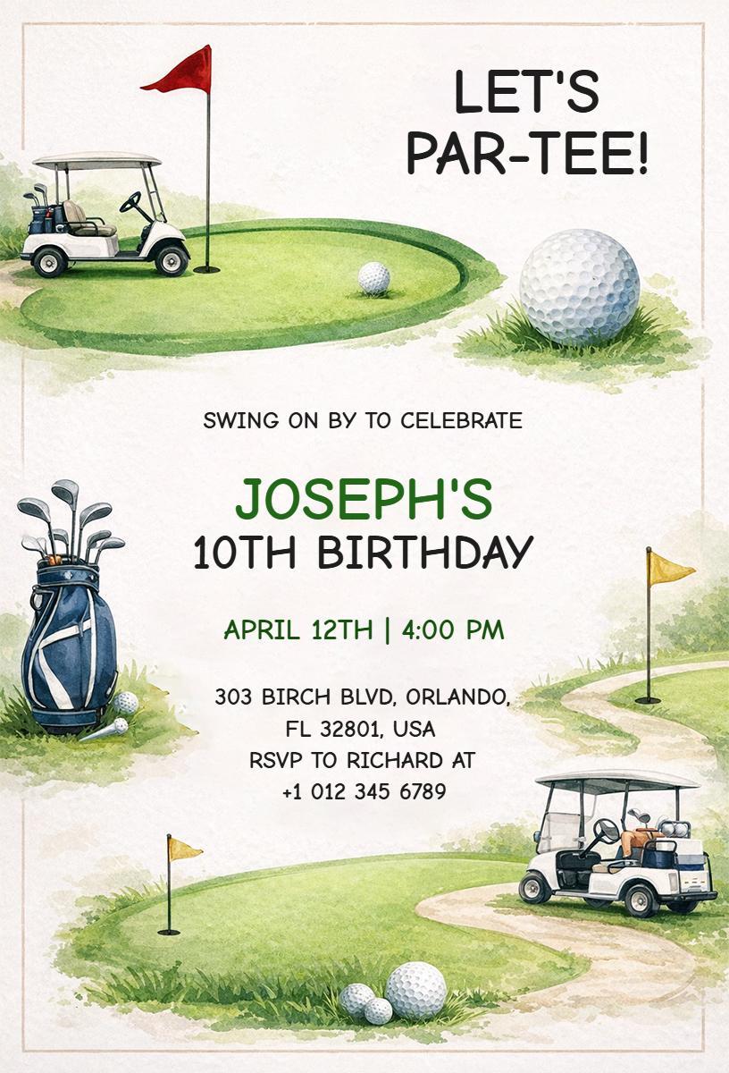 Golf-Themed 10th Birthday Party Celebration Invitation Template