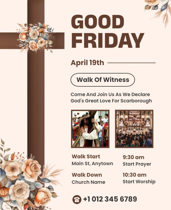 Elegant Floral Cross Good Friday Worship Event Flyer Template