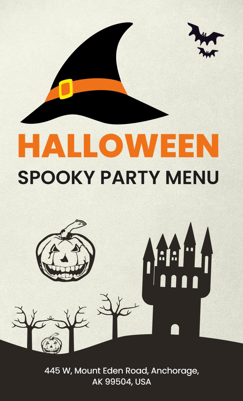 Gothic Halloween Castle and Witch Hat Party Menu Template