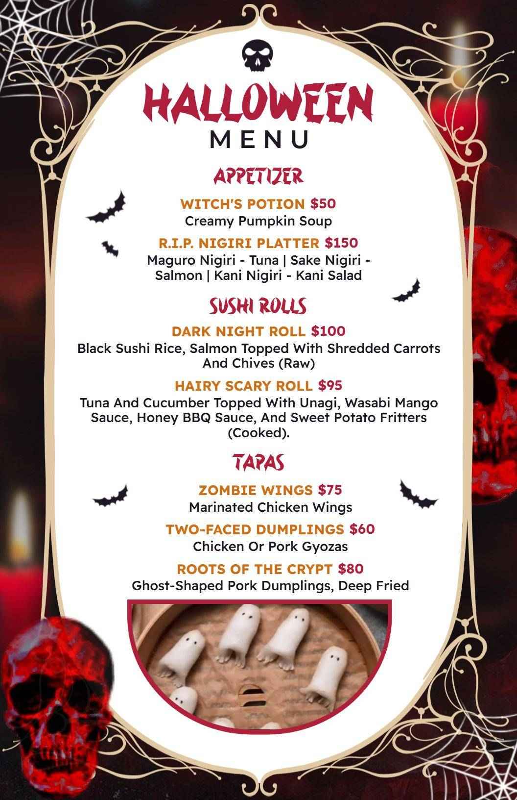 Gothic Skull Motif Halloween Festive Dinner Menu Template