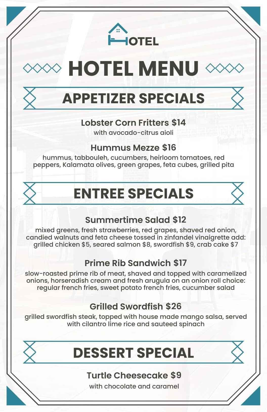 Gourmet Appetizers and Decadent Desserts in Hotel Menu Template