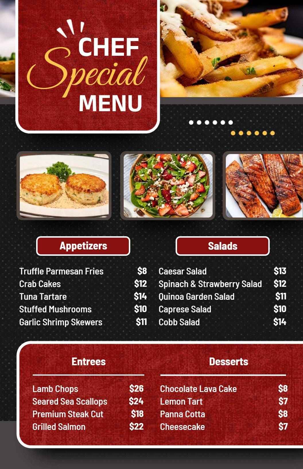 Gourmet Appetizers and Exquisite Entrees Chef Special Menu Template