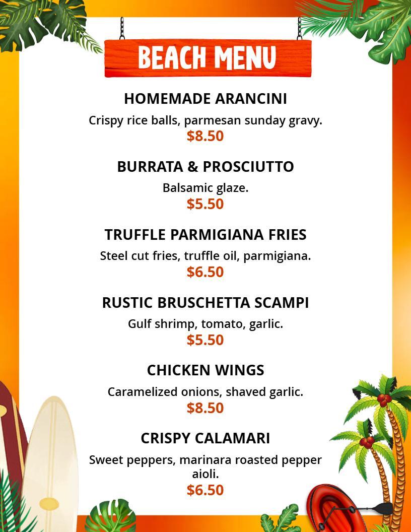 Gourmet Appetizers Featuring Shrimp and Arancini Beach Menu Template