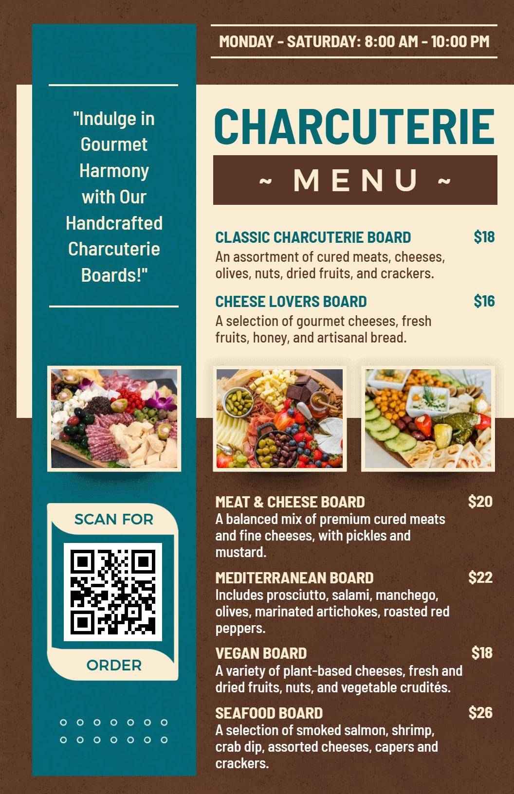 Gourmet Charcuterie Selections with Artisanal Cheeses Food Menu Template