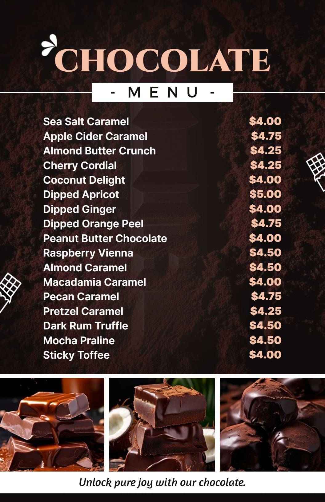 Gourmet Chocolate Delights Featuring Unique Flavor Combinations Menu Template