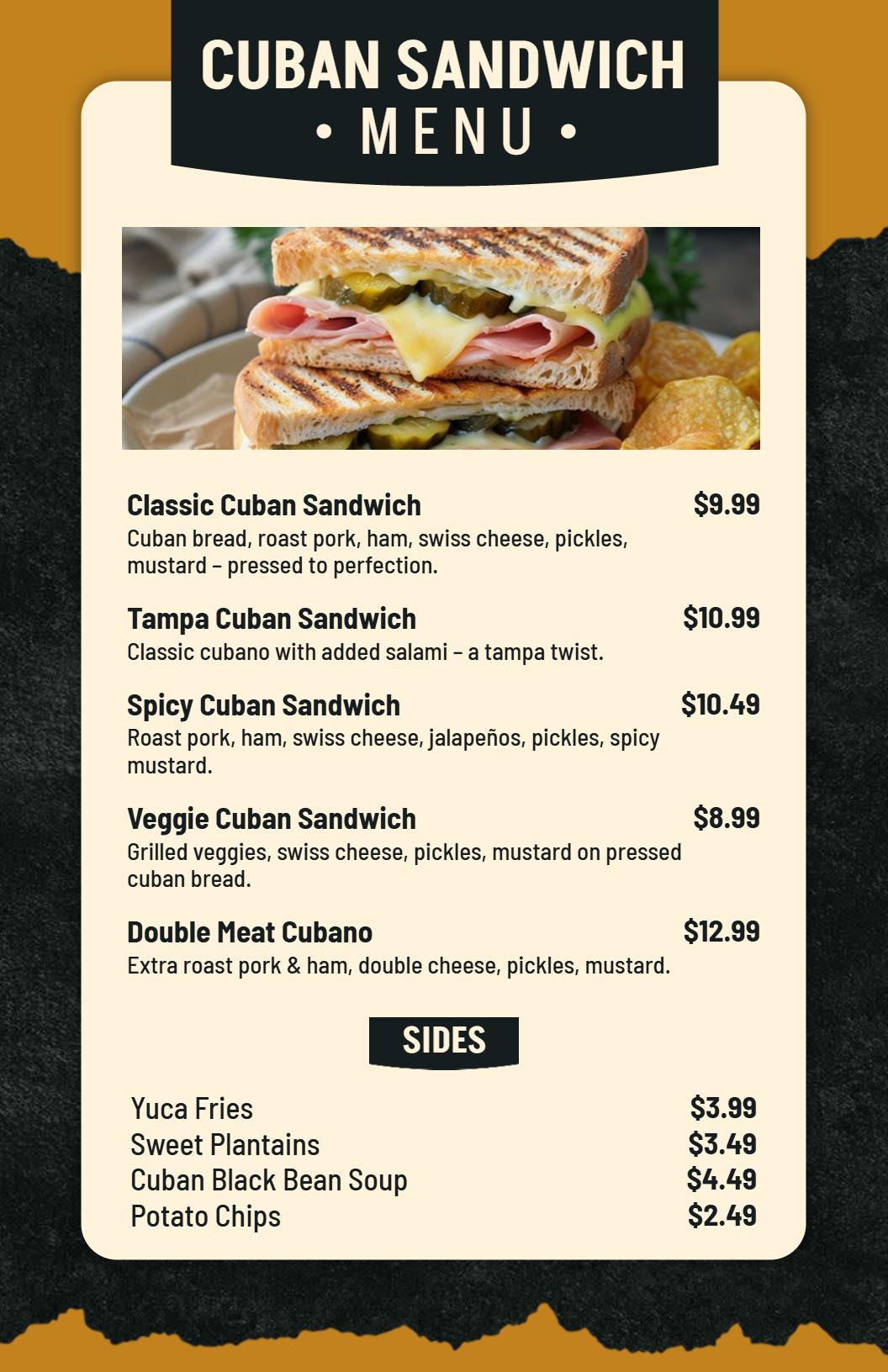 Gourmet Cuban Sandwiches and Sides Menu Template