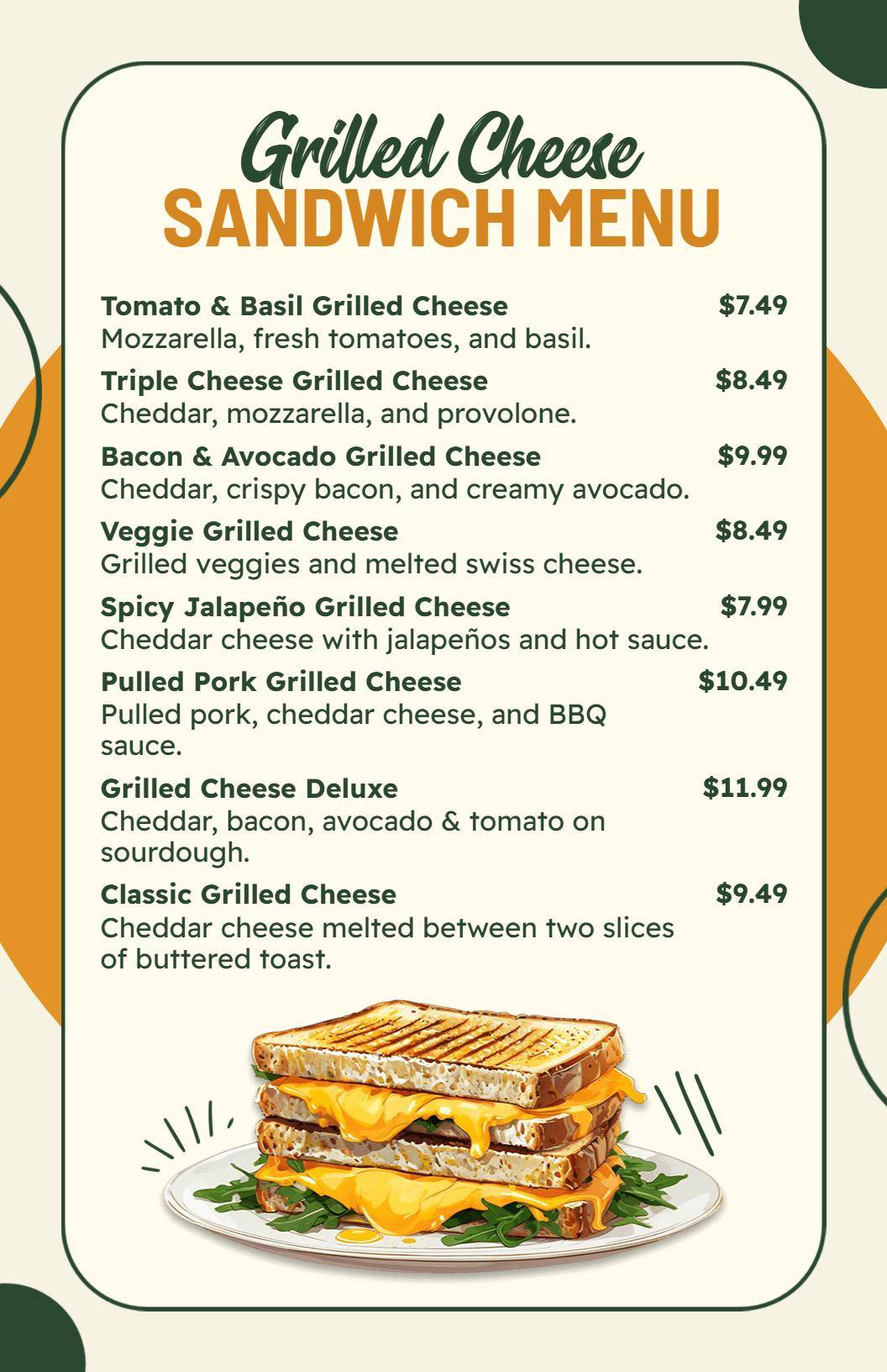 Gourmet Grilled Cheese Sandwich Menu Template