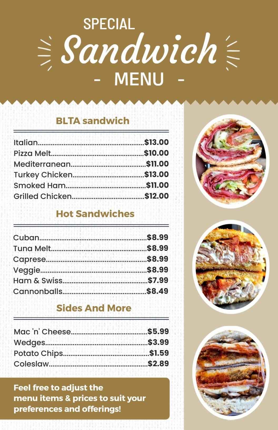 Gourmet Hot Sandwich Selection Menu Template