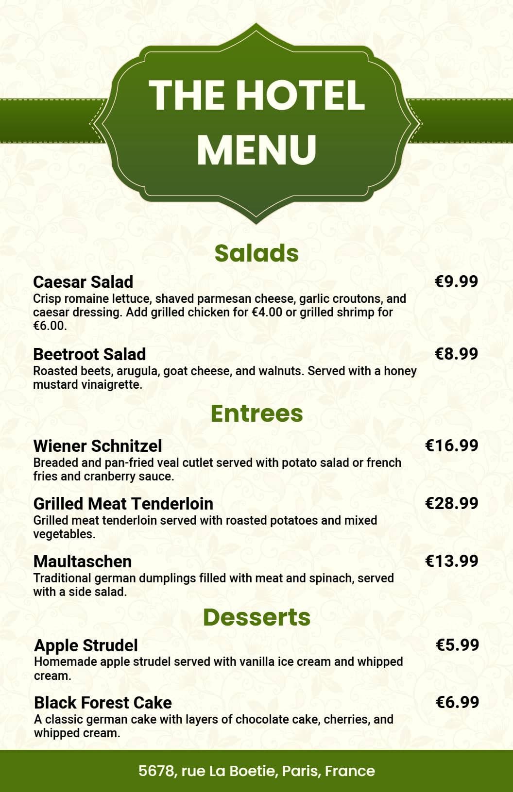Gourmet Salads, Hearty Entrees, and Exquisite Desserts Hotel Menu Template