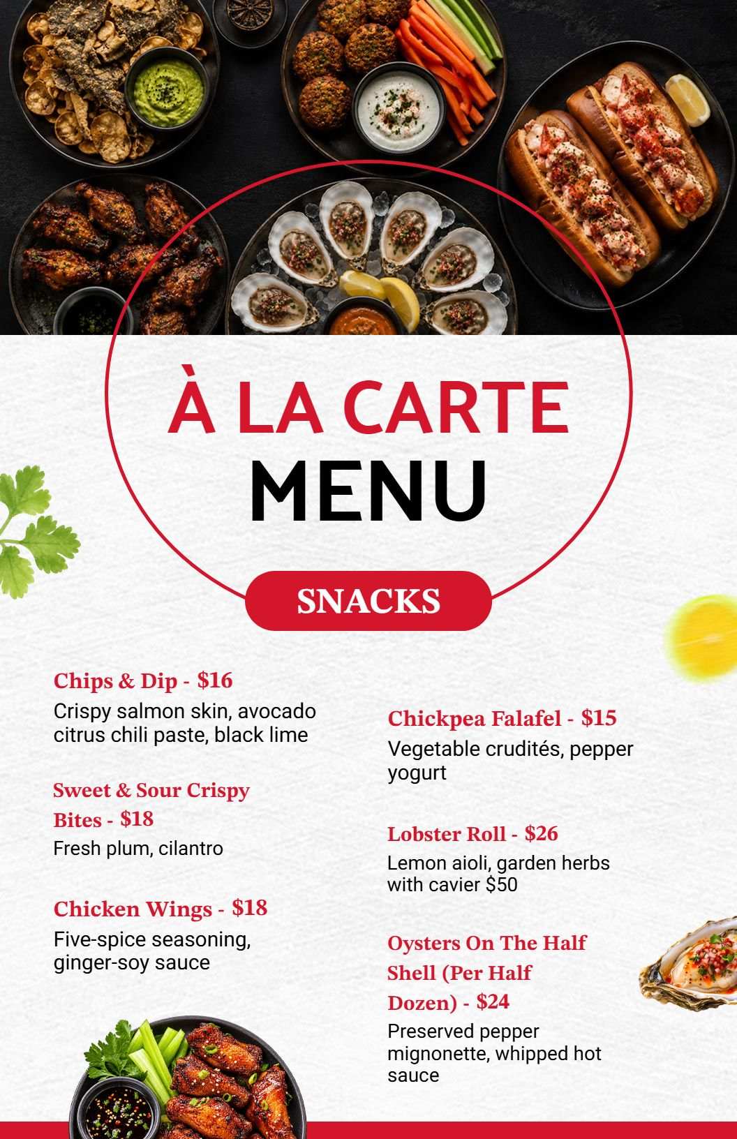 Gourmet Seafood and Savory Bites Selection a La Carte Menu Template