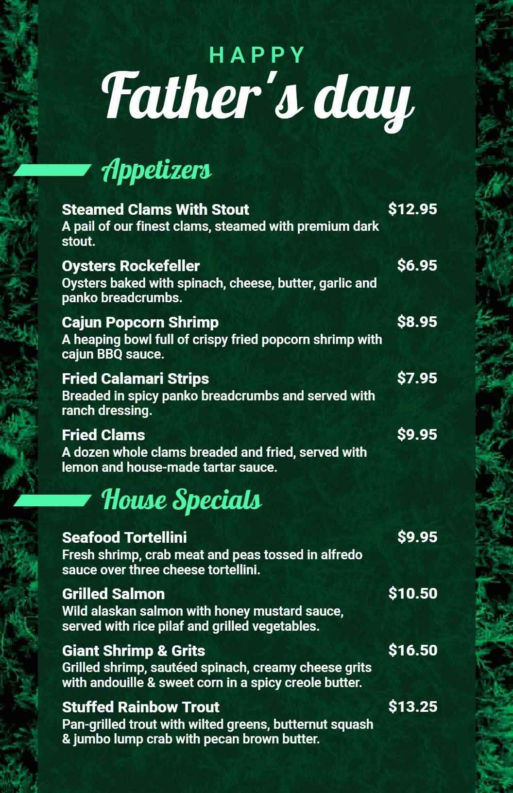 Gourmet Seafood and Savory Delights for Celebratory Father's Day Menu Template
