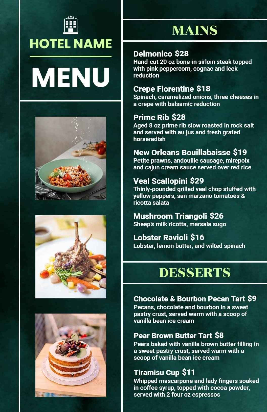 Gourmet Selections of Rich Mains and Decadent Desserts Hotel Menu Template