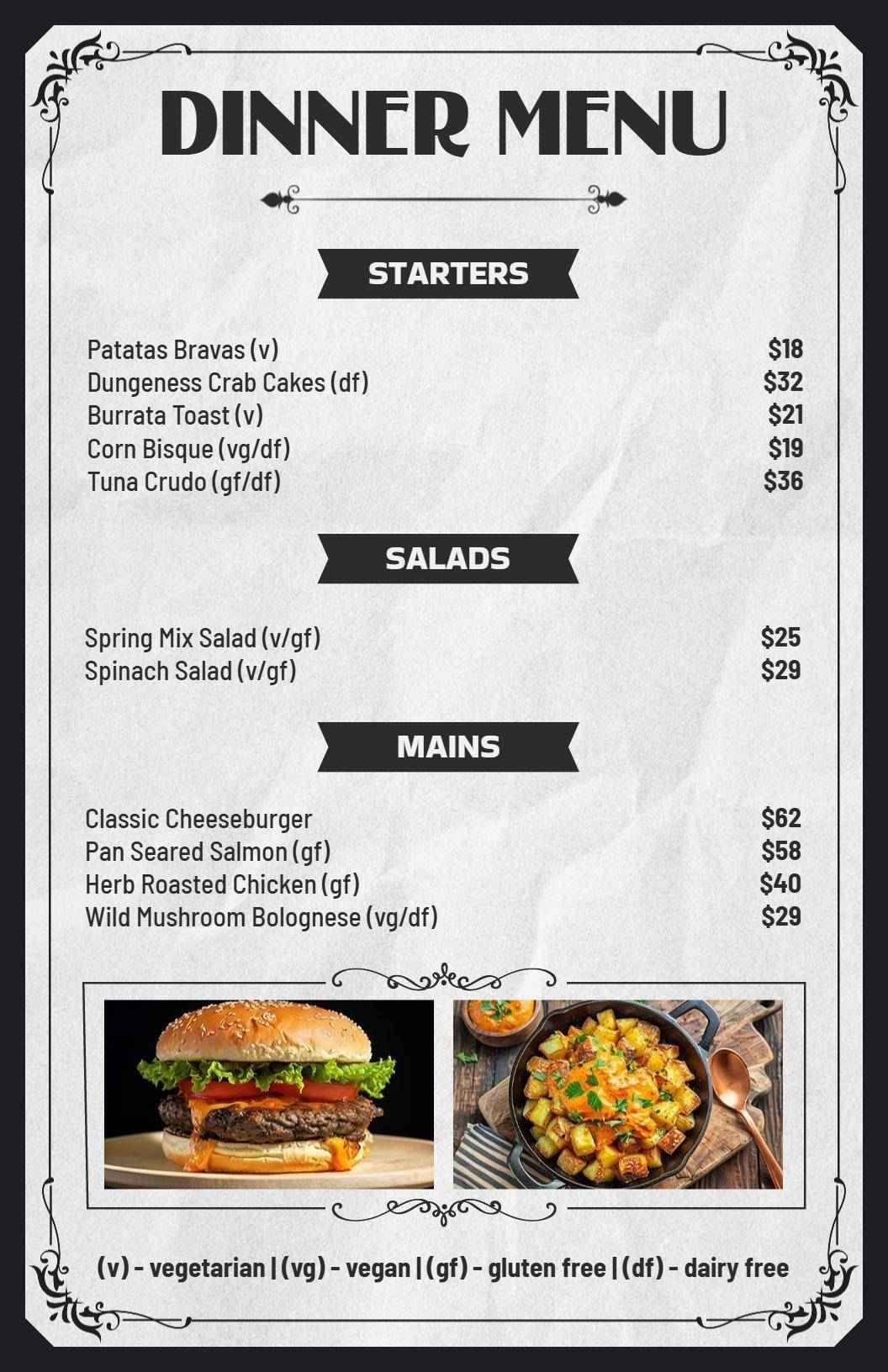 Gourmet Starters and Hearty Main Dishes Dinner Menu Template