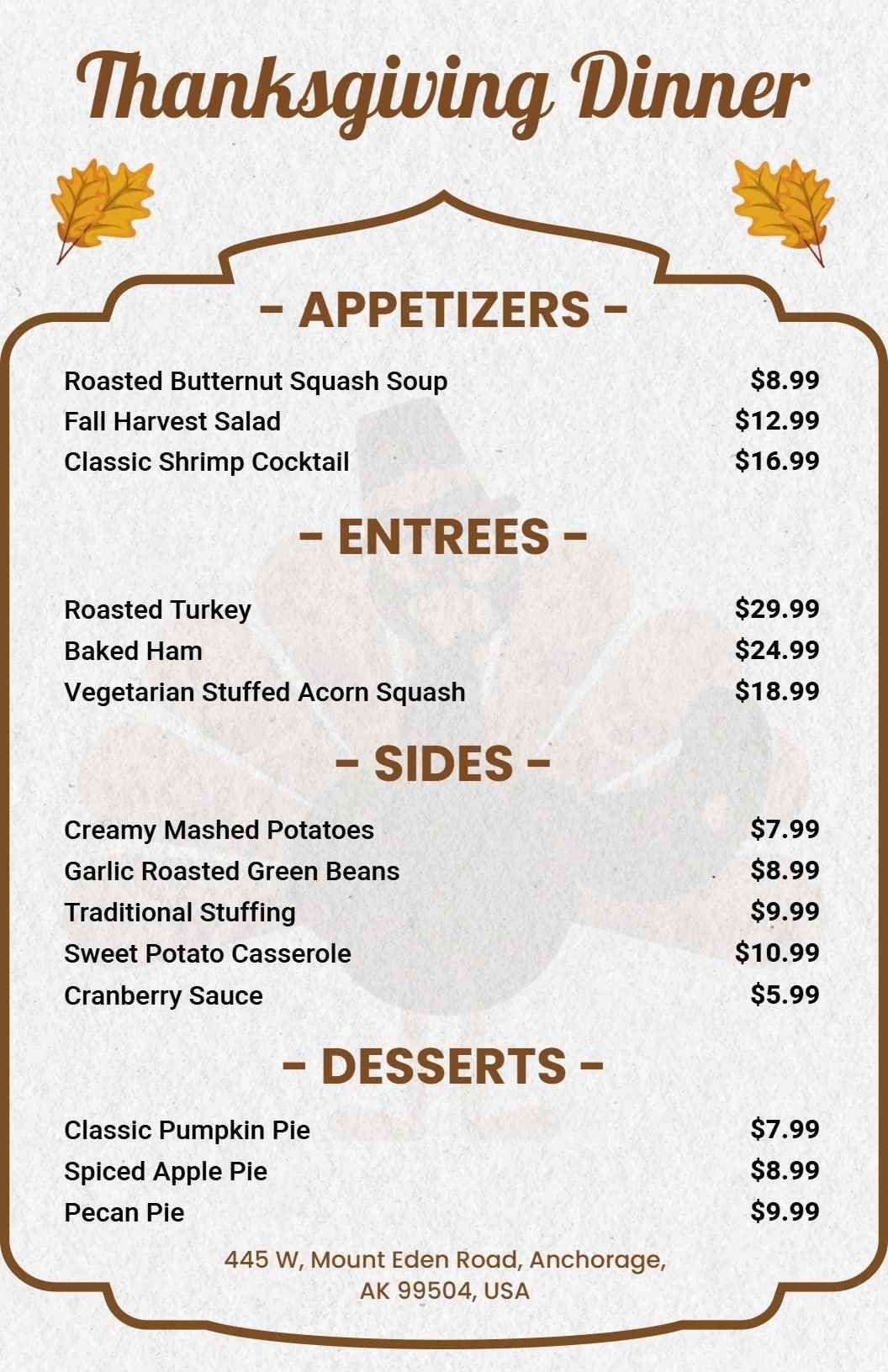 Gourmet Thanksgiving Dinner Menu Template