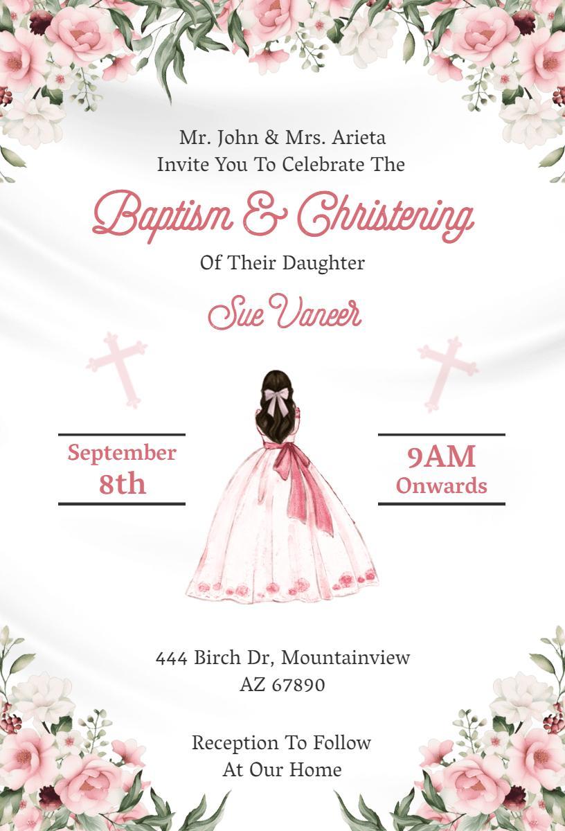 Graceful Floral Girl's Baptism Celebration Invitation Template