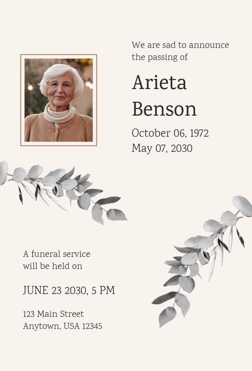 Graceful Memorial Service Tribute Funeral Invitation Template