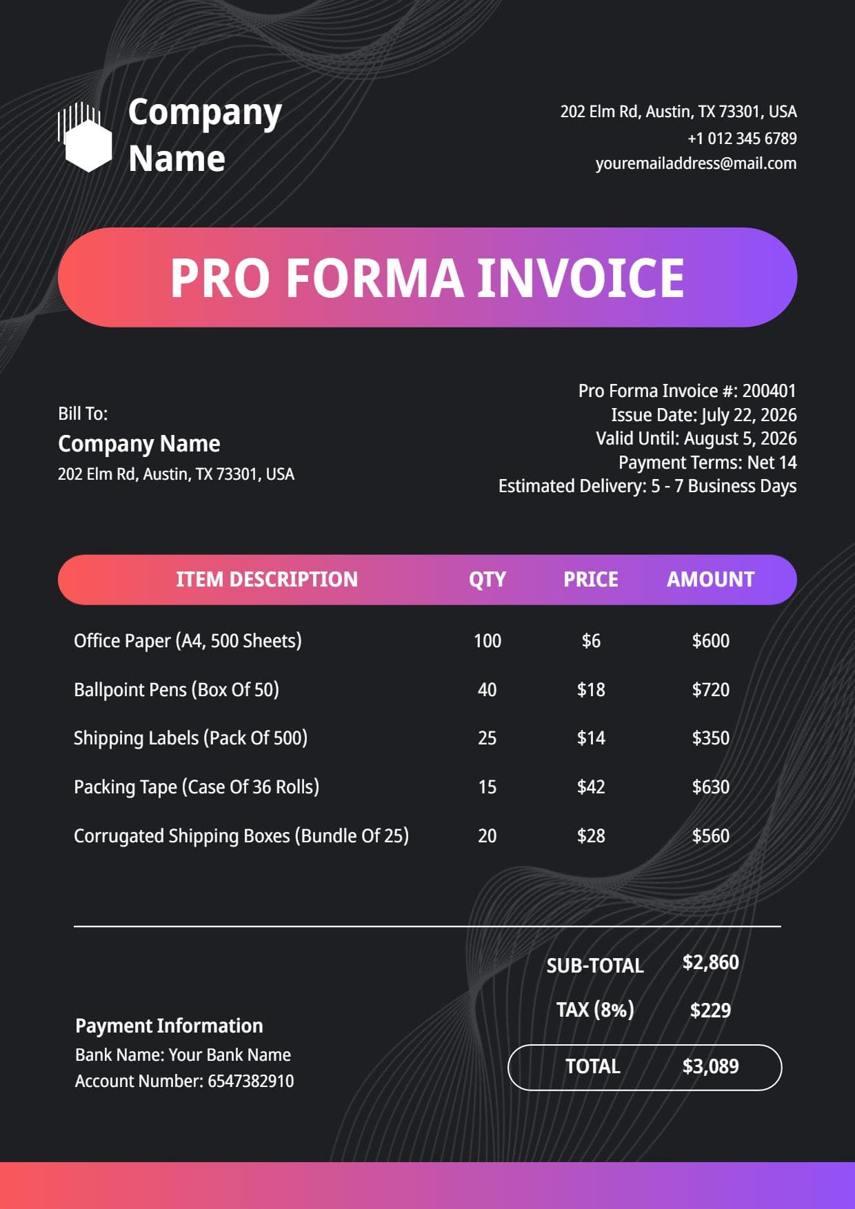 Gradient Office Supplies Sales Proforma Invoice Template