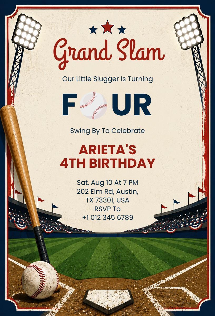 Grand Slam Baseball Birthday Celebration Invitation Template