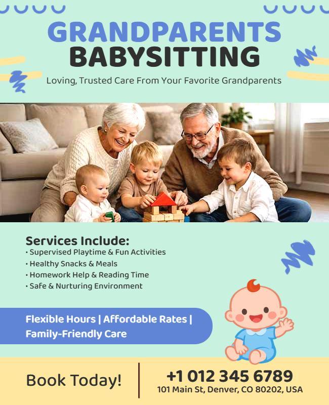 Grandparents Babysitting Services Flyer Template