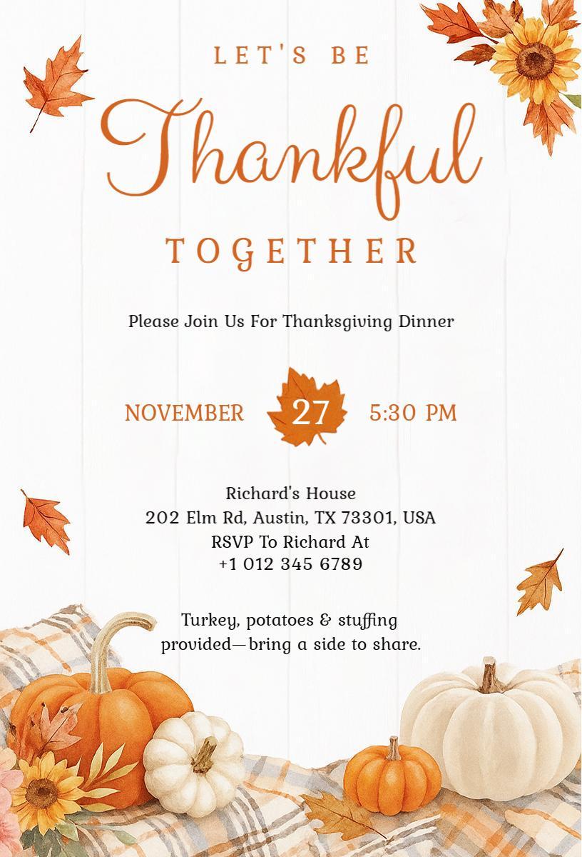 Grateful Gathering Autumn Thanksgiving Dinner Invitation Template