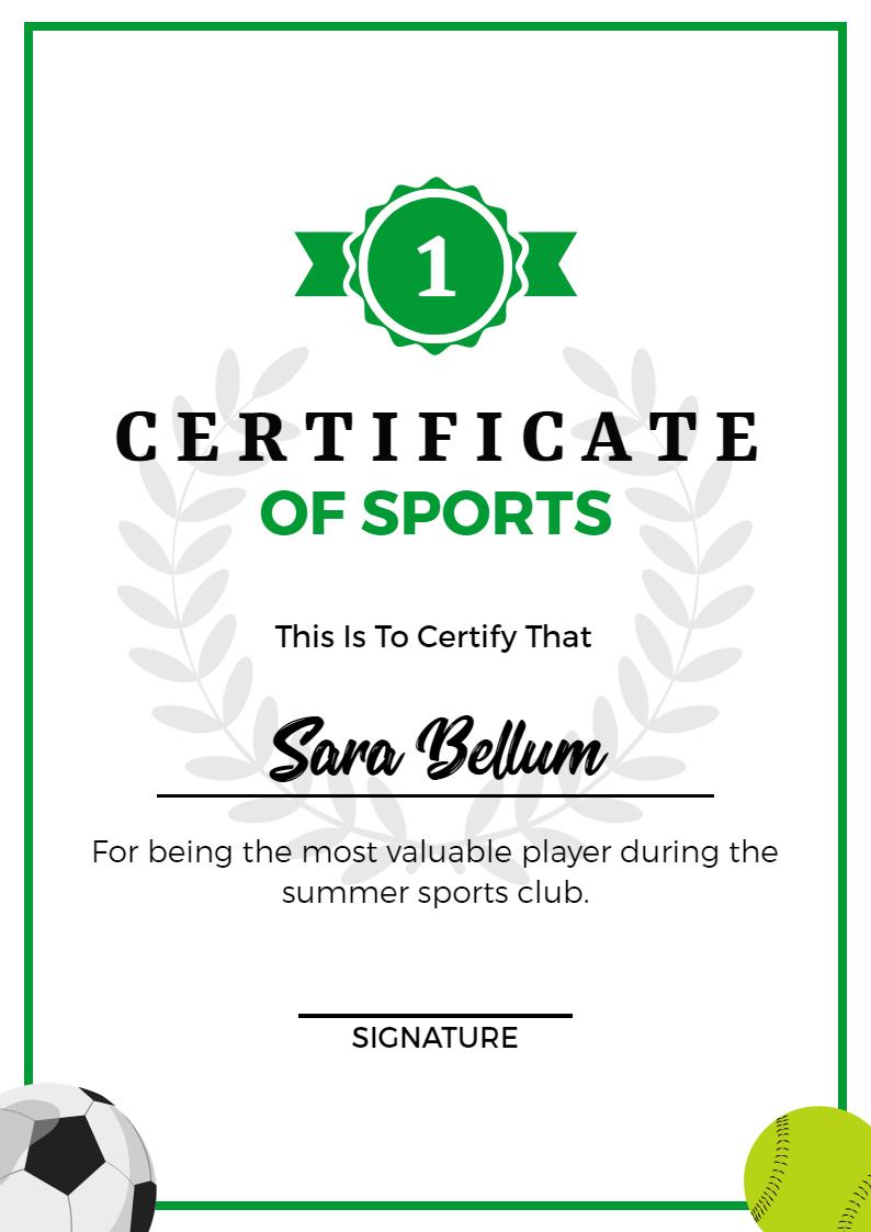 Green and White Sports Achievement Certificate Template