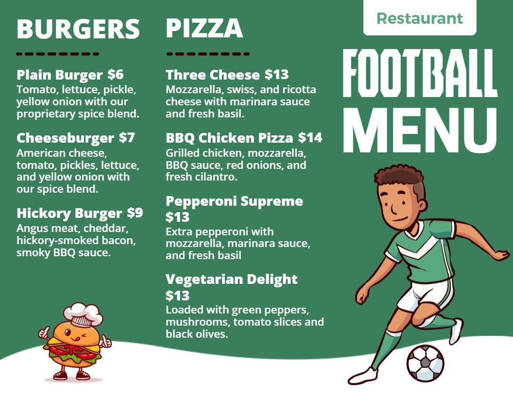 Green and White Vibrant Football Game Restaurant Menu Template