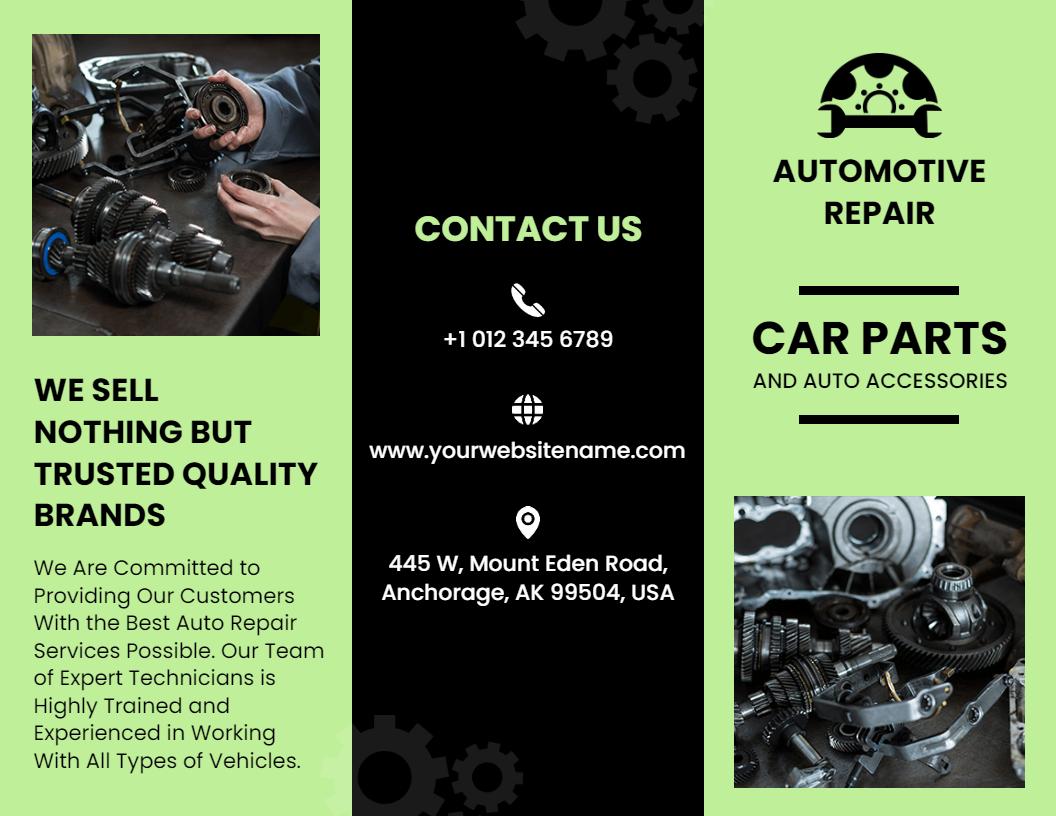 Green Automotive Repair Car Parts and Services Brochure Template