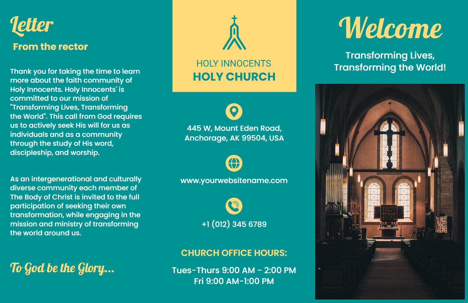 Green Church Welcome Letter and Community Outreach Brochure Template