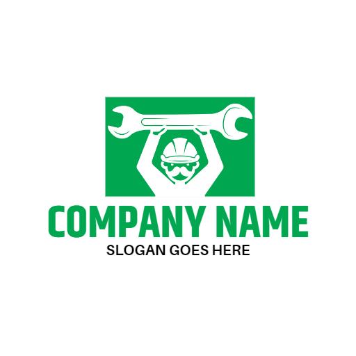Green Construction Worker Holding a Wrench and Helmet Logo Template