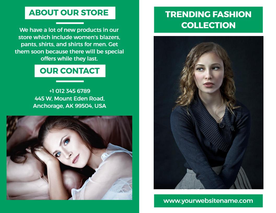 Green Fashion Store Overview and Trending Collection Brochure Template
